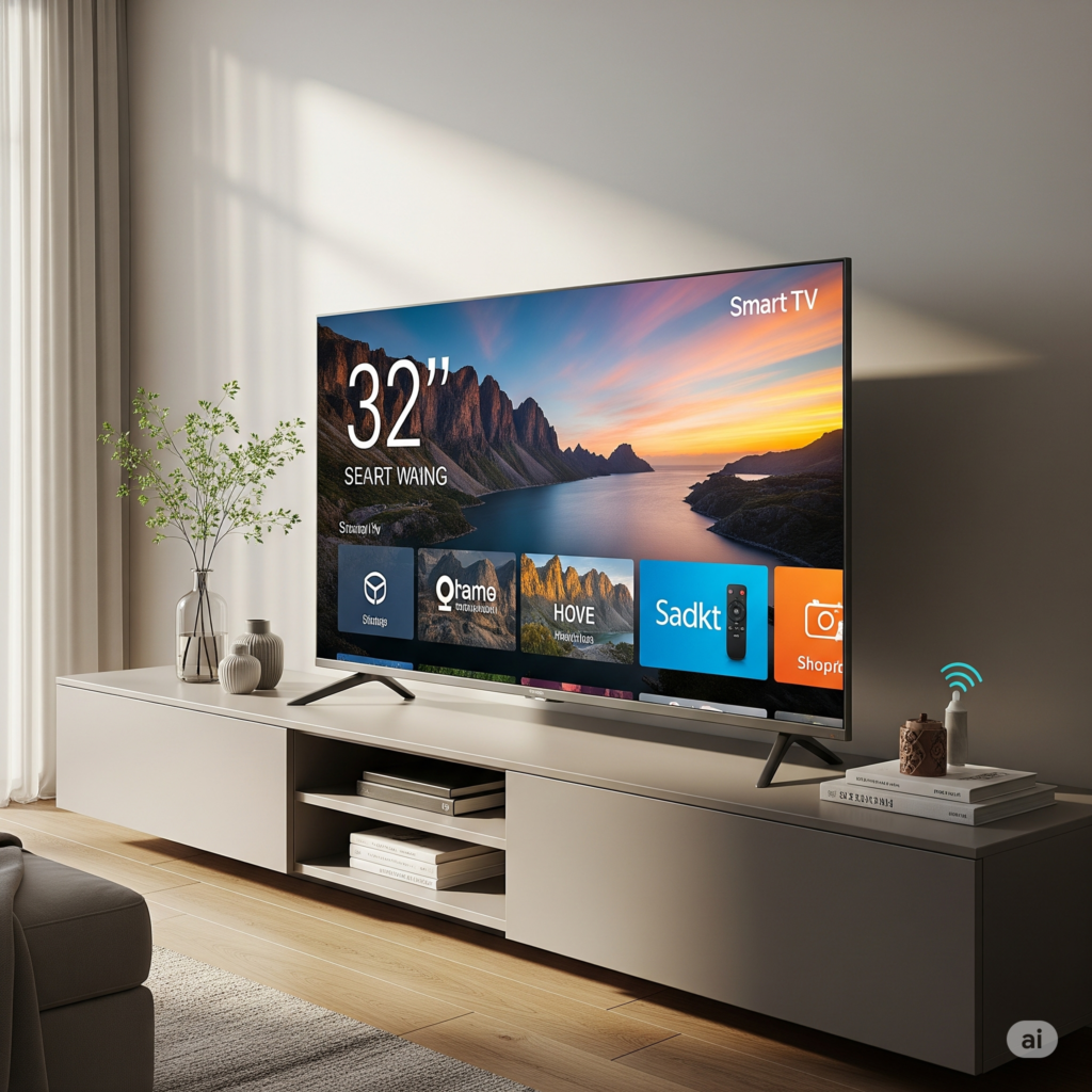 Uma Smart TV de 32 polegadas ligada, exibindo uma tela inicial com diversos ícones de aplicativos de streaming, como Netflix e YouTube, em um ambiente de sala ou quarto